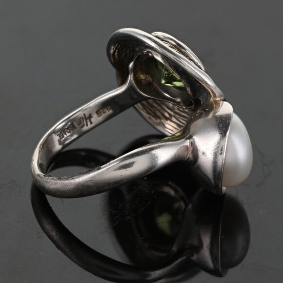 Hagit Gorali 925 Pearl and Peridot Silver Swirl Ring, 8.8gr, sz 7 - Picture 4 of 6